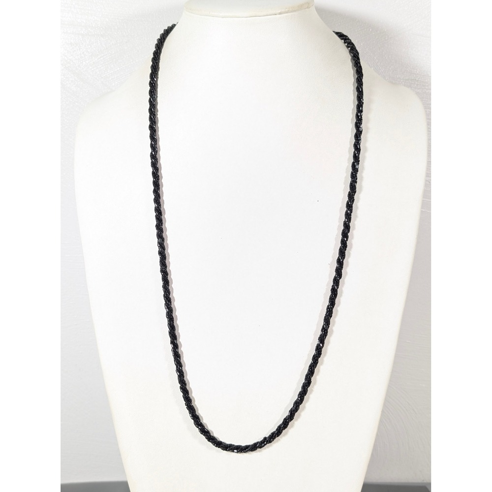 Vintage Black Glass Twist Bead Necklace 32" Long Minimalist Goth Art Deco Boho